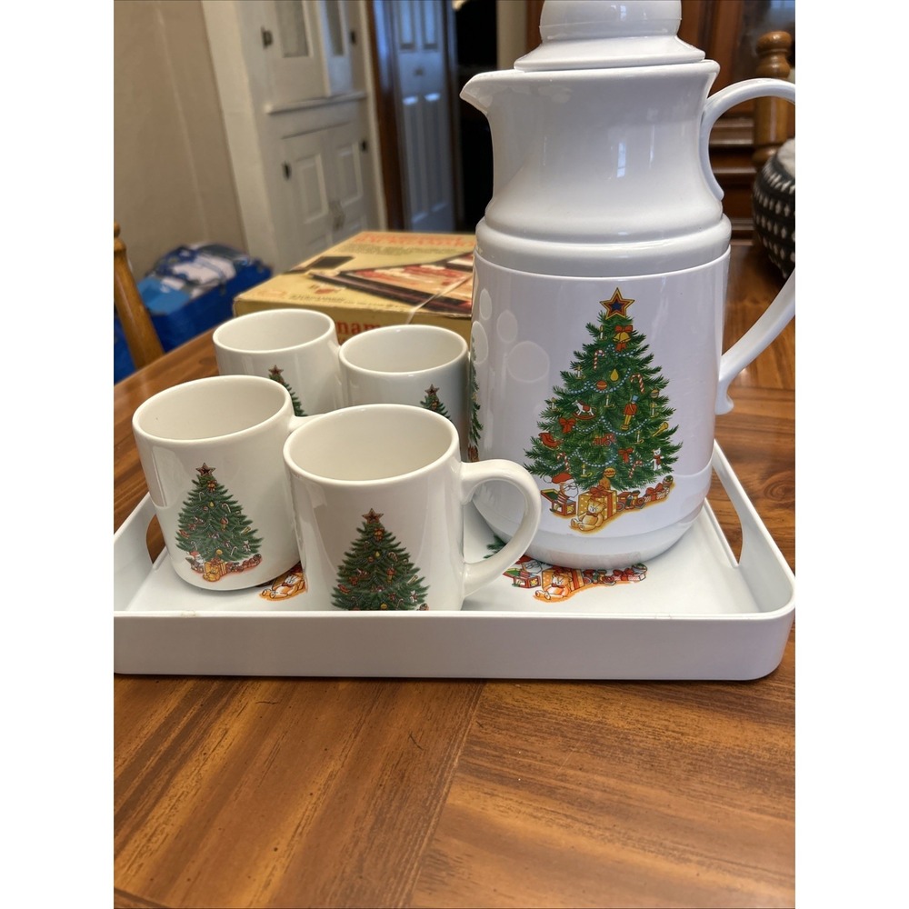 vintage phoenix White Green Christmas Tree Coffee Carafe Cups Tray